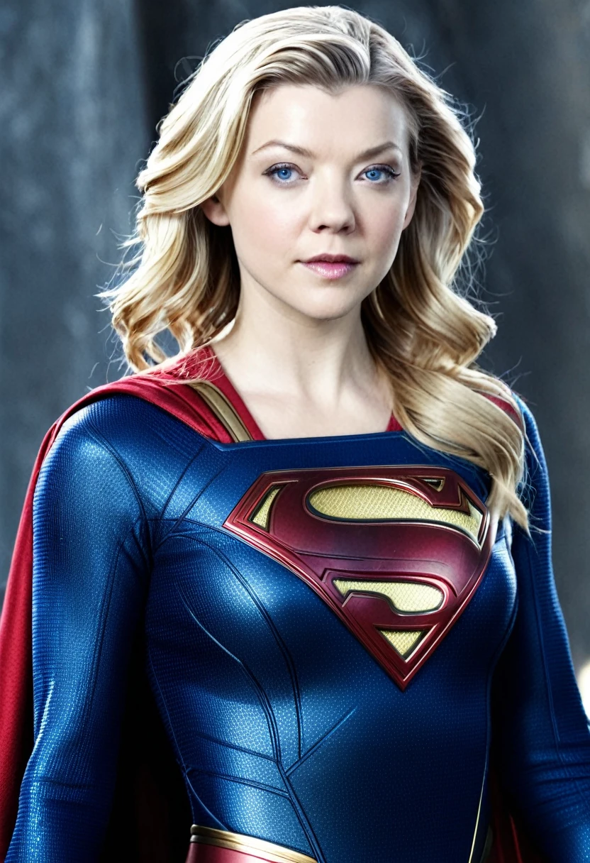 (((Very close-up of a beautiful woman Natalie Dormer under the mantle of the Kryptonian Kara Zor-The alias Supergirl blonde hair(((Traje Man Of Steel Movie)))front images splash color images)))(((Traje Man Of Steel Movie )))