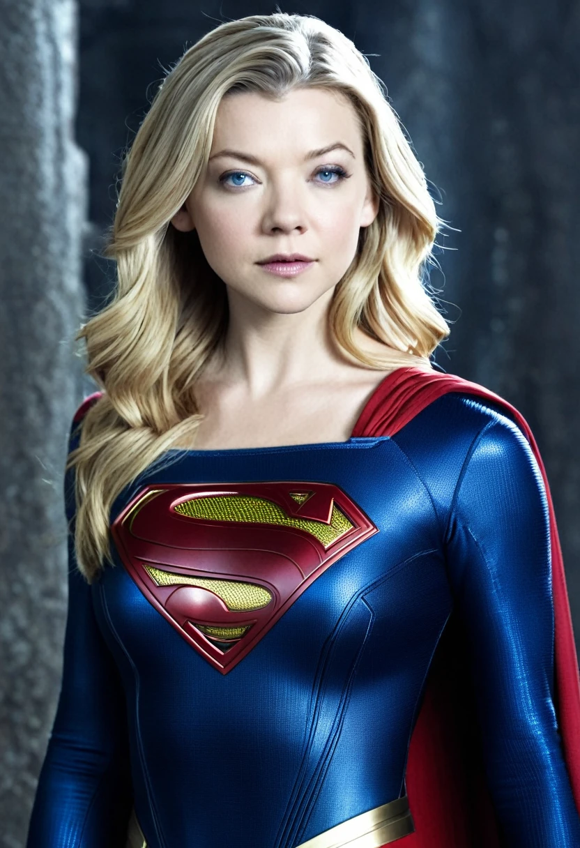 (((Very close-up of a beautiful woman Natalie Dormer under the mantle of the Kryptonian Kara Zor-The alias Supergirl blonde hair(((Traje Man Of Steel Movie)))front images splash color images)))(((Traje Man Of Steel Movie )))