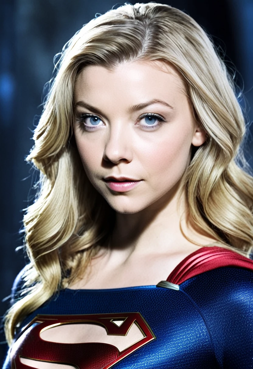 (((Very close-up of a beautiful woman Natalie Dormer under the mantle of the Kryptonian Kara Zor-The alias Supergirl blonde hair(((Traje Man Of Steel Movie)))front images splash color images)))(((Traje Man Of Steel Movie )))