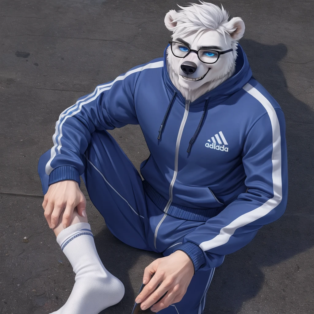 polar bear dad male adidas dark blue track suit, slighly muscular well built , blue eyes glasses , head white crest hair,five toes feet with white socks down , drawing lineart wearing white sock, disney full body profile, evil grin smug , ( first person prospective down up), drunk floating turning right, on one side by rossciao