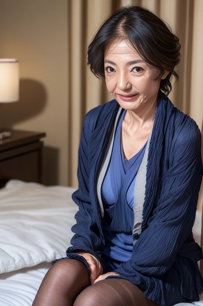 Japanese Mature, Grandmother,(alone), 65 years old, (Wrinkles around the eyes:1.6), Mature Woman, sexy, Curly perm hairstyle, Pure white skin, Looking at the audience、Small breasts, Wearing a navy blue suit, Black Pantyhose, smile, Sitting on a hotel bed、Pantyhose toes exposed