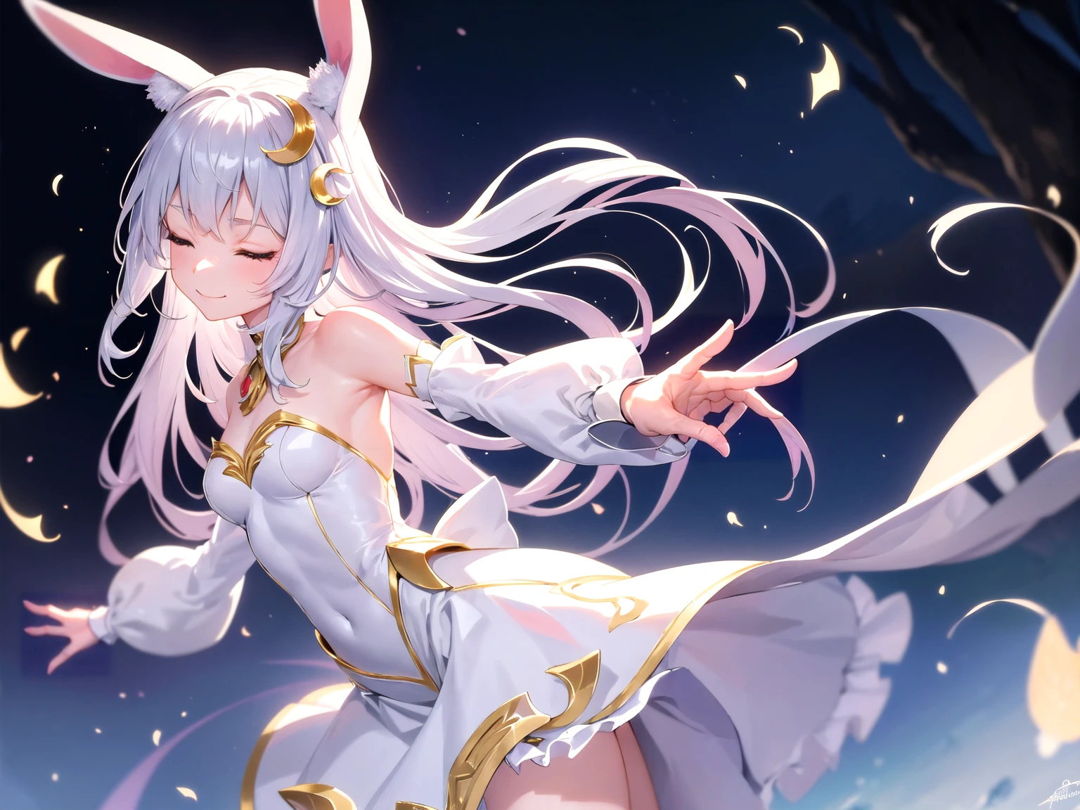 ((anatomically correct, super detail, award winning, masterpiece, Highest quality, crescent hair ornament, cinematic lighting, 8k, The whole body is shown)) , One personの女の子, (((Five fingers, Accurate hand shape, Unbroken fingers))), Small breasts.Long hair in the snow, Wearing a dress, skirt, フレアskirt, With eyes closed and smiling gently, Anime Fantasy, Flowing white hair, Fantasy Anime,Bunny ears:1.5. Ethereal Anime, Beautiful anime art, Beautiful digital art, Anime Fantasyアートワーク, Anime Fantasyアートワーク, Sheet.One person, Dancing gracefully in the flurry of falling flowers, skirtを翻しながら優雅に, Spread your arms wide out to the sides, Standing on one tiptoe like a ballerina, Captivating Movement, Beautiful garden at night, moon, moon光が降り注ぐ, from below