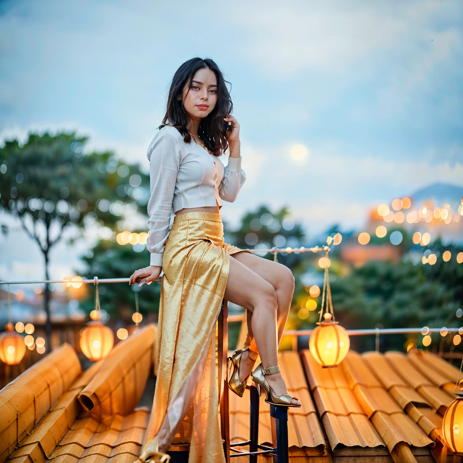 Burmese beautiful woman, 1 girl, solo, pretty lady MoonLay, innocent cute smile, red lips, (stylishly sitting on a stool and seductively gazing to the sky pose:1.5), smooth face skin, traditional beauty, cinematic portrait glow lighting, traditional dress, (white shirt:1.3), (red skirt:1.3), high heel, (full body view:2), (rooftop balcony with vibrant colorful hanging lanterns background:1.5), (cinematic bokeh blur background:1.5), (cinematic camera angle), cinematic lighting, perfect anatomy,