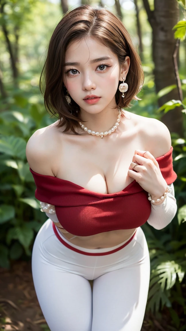 ((Highest quality, 8k, masterpiece :1.3)), Sharp focus :1.2, Beautiful woman with perfect figure :1.4, Slim Abs :1.2, ((Big Breasts, Accentuate your cleavage:1.3)), (PhotoRealistic:1.4), (Realistic:1.4), (Short Bob Hair, Light brown hair:1.5), Highly detailed face and skin texture, fine grain, double eyelid. Makeup Face. A little bit of lipstick, Sex Appeal, Sexy sculpture pose, ((Wearing a red off-the-shoulder top and white leggings、Wearing pearl earrings in nature、Striking a sexy pose。:1.3)