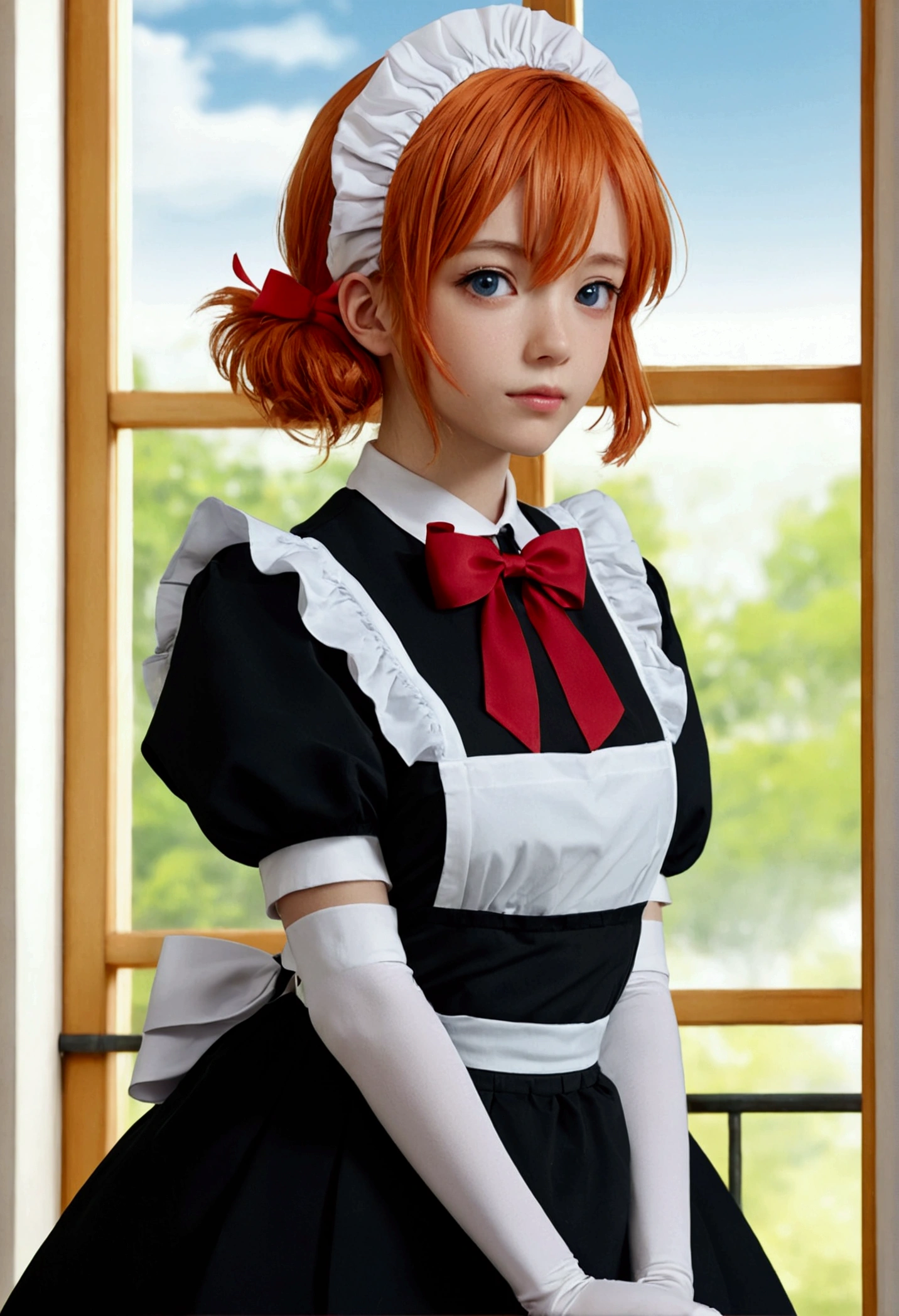 masterpiece,best quality,Japanese cartoons,(2D:1.2),Character list 1 girl, roswaal mansion maid uniform, Solitary, maid, Blue eyes, short hair,bow hairband, Hair between the eyes, Separate sleeves, Looking at the audience, Red hair band,Ribbon, Bangs, look back, bow, Orange Hair,red Ribbon, Black sleeves, window, Long sleeve, apron, white bow, Ruffles,Ribbon trim,A faint smile, own hands,