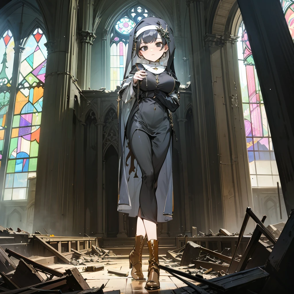 (solo), 1 skinny nun, sheer black nun's robe, large breasts, BREAK, black short hair, long sidelocks, black eyes, BREAK, short torso, skinny waist, skinny long legs, BREAK, old rotten church, devastated ruin, stained glass
