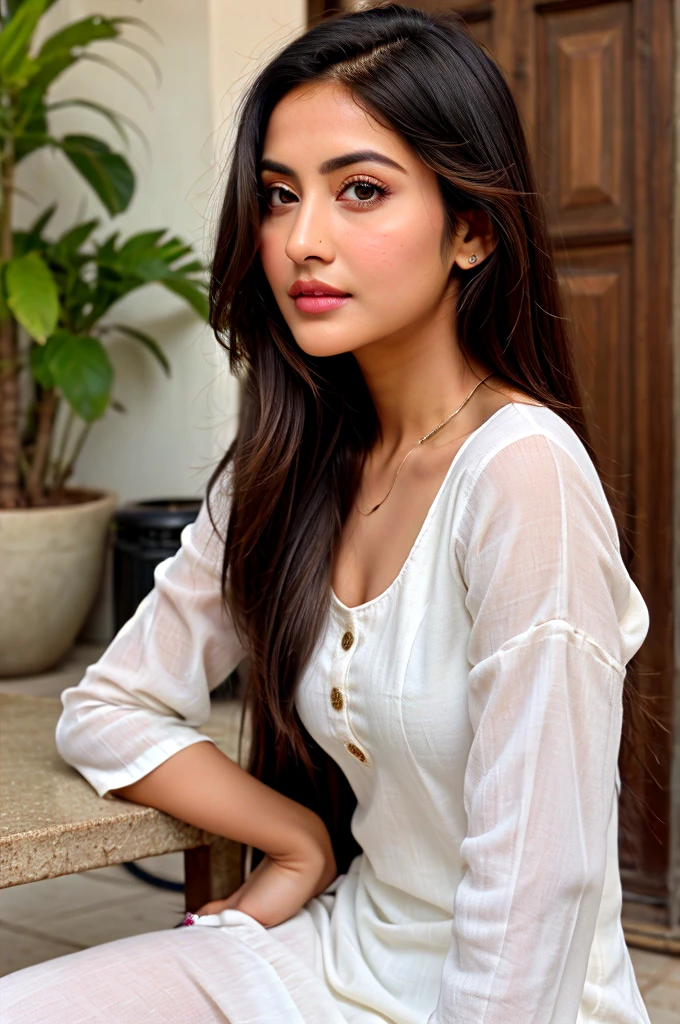 Hina khan clone realistic girl long hair wearing short white kurti