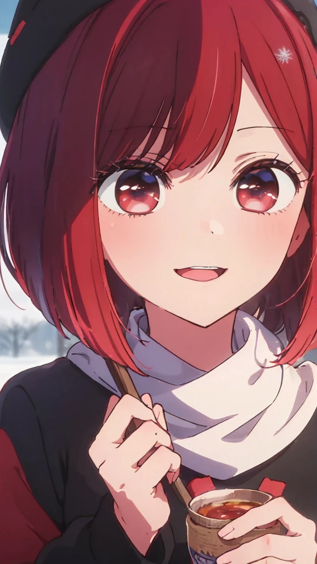 masterpiece、very detailed、(1 girl:1.2)、redhead、Big eyes、(((close)))、smile、short hair、(((anime style)))、(((2D)))、red eyes、open your mouth、(((Winter clothes)))、8K、Close-up