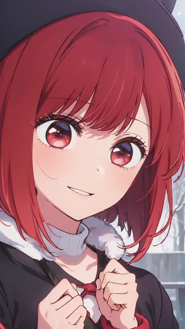 masterpiece、very detailed、(1 girl:1.2)、redhead、Big eyes、(((close)))、smile、short hair、(((anime style)))、(((2D)))、red eyes、open your mouth、(((Winter clothes)))、8K、Close-up
