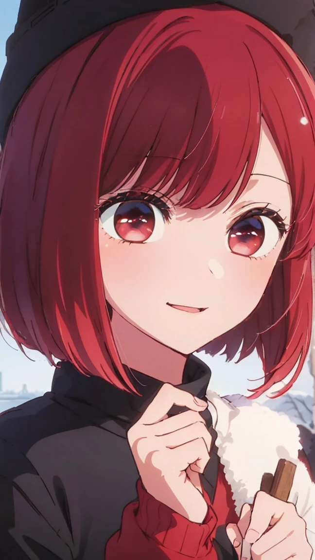 masterpiece、very detailed、(1 girl:1.2)、redhead、Big eyes、(((close)))、smile、short hair、(((anime style)))、(((2D)))、red eyes、open your mouth、(((Winter clothes)))、8K、Close-up