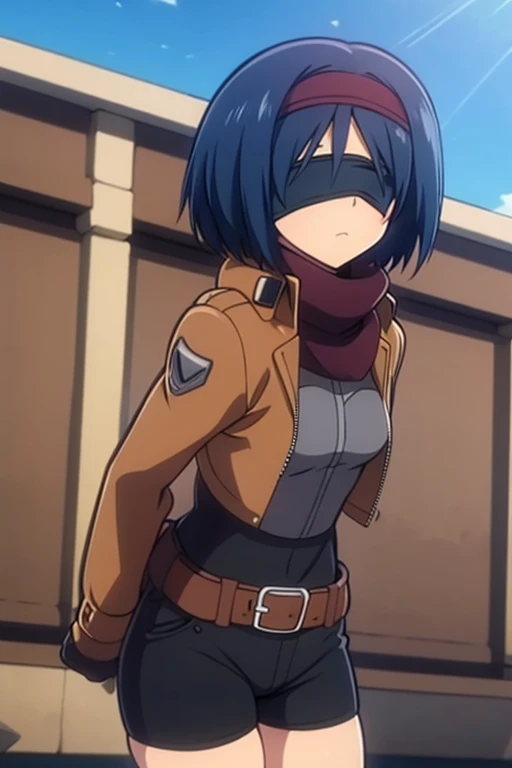 girl in spandex booty shorts, wearing oven mittens tucked in pockets, blindfold
