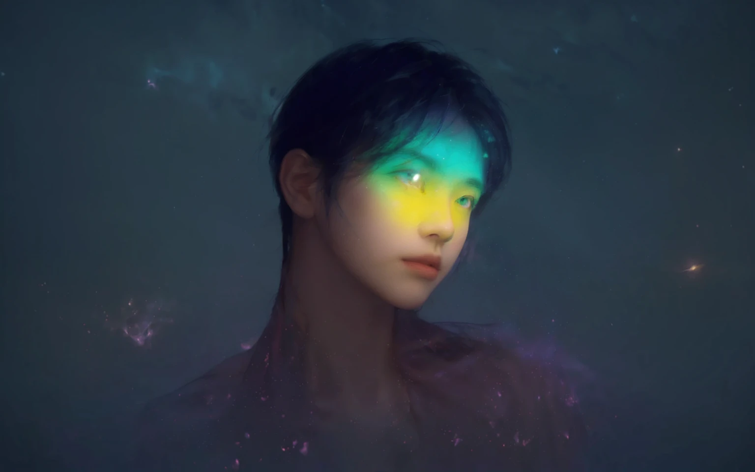 there is a man with a rainbow colored face and hair, inspired by Yanjun Cheng, inspired by Russell Dongjun Lu, inspired by jeonseok lee, yanjun chengt, glowing with colored light, glowing rainbow face, glowing face, by Russell Dongjun Lu, glowing aesthetic, by Yanjun Cheng, inspired by Yeong-Hao Han, human glowing,handsome young man, clean-shaven, unmade-up, prominent chest muscles, soft ethereal glow, rainbow light effects on face, dark foggy background, floating particles, cosmic elements, digital painting, highly detailed, smooth blending, realistic yet slightly fantastical, muted dark tones background, vibrant light effects, contrast between light and dark,A young, ethereal man with short, dark hair and a chiseled jawline, bathed in a soft, otherworldly light. The background is a dreamy, expansive scene with floating islands and ancient ruins, overgrown with luminescent vegetation. A vast, starry sky with swirling nebulae and distant planets forms the backdrop. Ethereal, glowing butterflies flit around the scene, adding a sense of magic and wonder. The color palette features deep blues, purples, and hints of green, creating a mystical, serene atmosphere reminiscent of WLOP's iconic fantasy art style.
