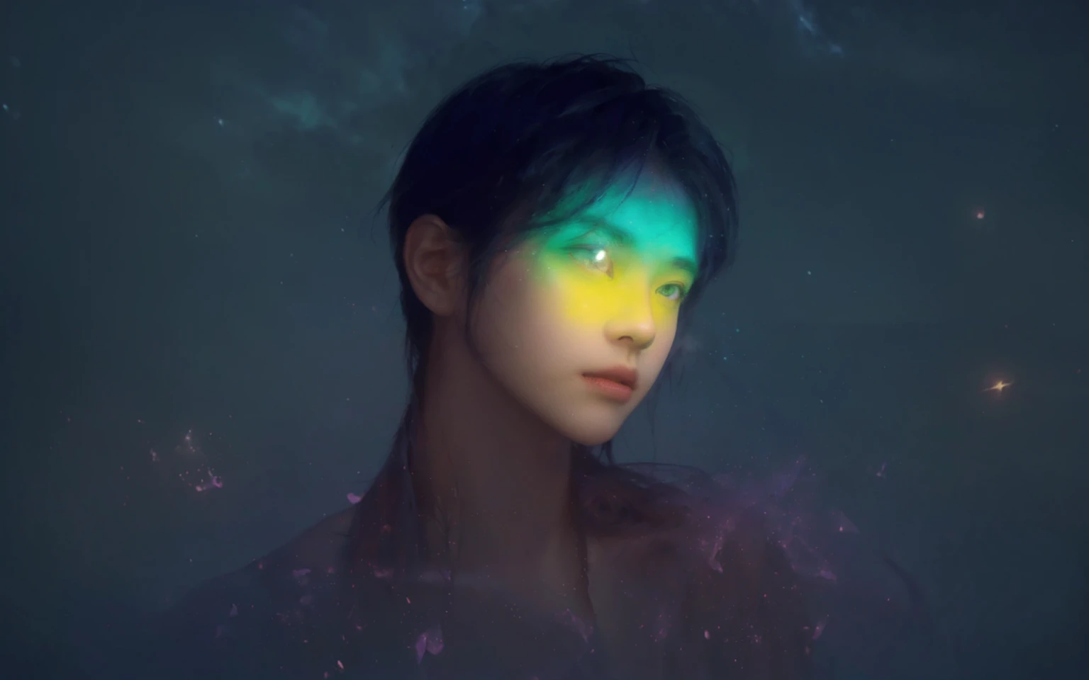 there is a man with a rainbow colored face and hair, inspired by Yanjun Cheng, inspired by Russell Dongjun Lu, inspired by jeonseok lee, yanjun chengt, glowing with colored light, glowing rainbow face, glowing face, by Russell Dongjun Lu, glowing aesthetic, by Yanjun Cheng, inspired by Yeong-Hao Han, human glowing,handsome young man, clean-shaven, unmade-up, prominent chest muscles, soft ethereal glow, rainbow light effects on face, dark foggy background, floating particles, cosmic elements, digital painting, highly detailed, smooth blending, realistic yet slightly fantastical, muted dark tones background, vibrant light effects, contrast between light and dark,A young, ethereal man with short, dark hair and a chiseled jawline, bathed in a soft, otherworldly light. The background is a dreamy, expansive scene with floating islands and ancient ruins, overgrown with luminescent vegetation. A vast, starry sky with swirling nebulae and distant planets forms the backdrop. Ethereal, glowing butterflies flit around the scene, adding a sense of magic and wonder. The color palette features deep blues, purples, and hints of green, creating a mystical, serene atmosphere reminiscent of WLOP's iconic fantasy art style.