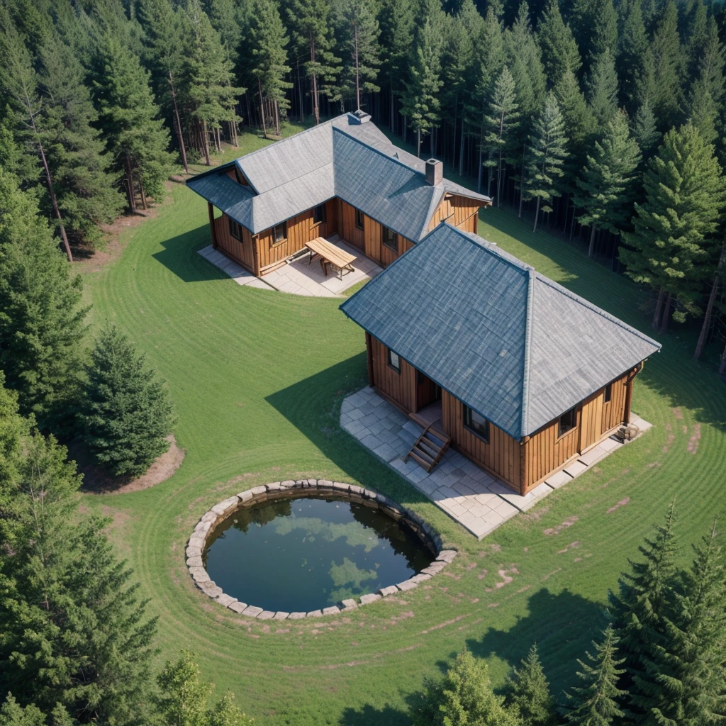 Isometric scene of a cabin in the middle of a forest with trees distorted into a spiral shape