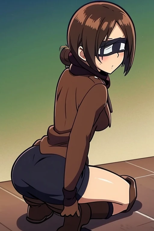 tennis girl's massive rear butt cheeks out of bottomless slutty mini sweater out bare and brown boots, kneeling, wearing oven mittens behind head, blindfold
