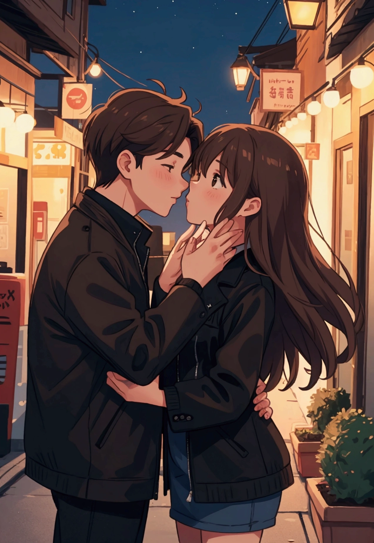 a couple kissing , male and female, brown hair, night time, black jacket