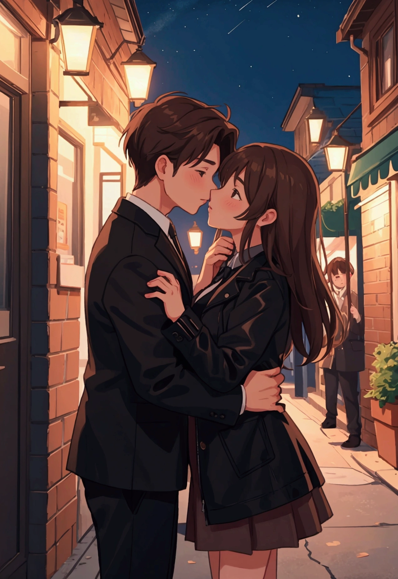 a couple kissing , male and female, brown hair, night time, black jacket