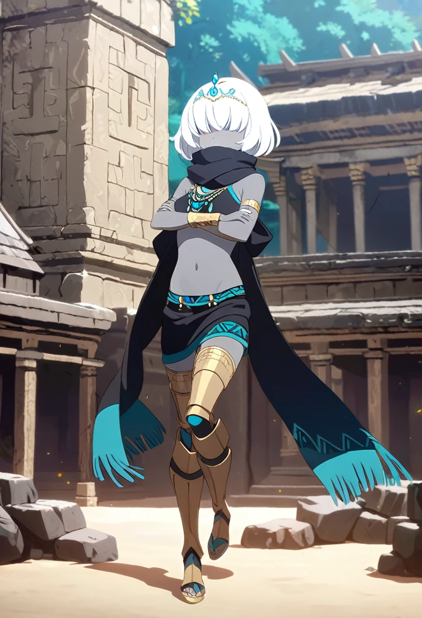 1girl, gold rings, black scarf around the arms, jewelry, green necklacke, white hair, very short hair, hair over eyes, grey skin, aqua eyes, black tribal clothing, sleeveless, navel, turquoise tiara, tribal tiara, smile, ancient temple, prosthetic legs, (masterpiece), best quality, anime style, fullbody