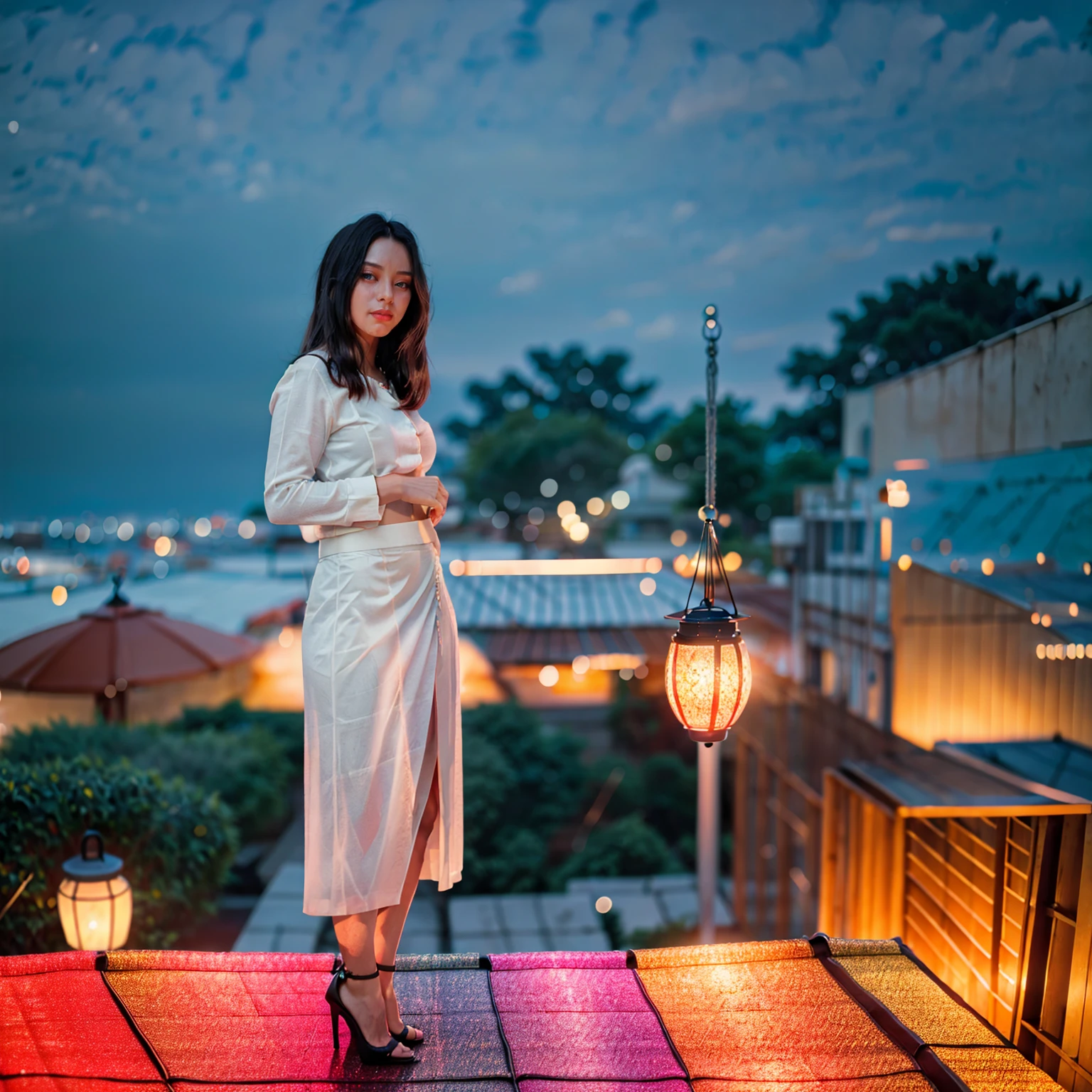 Burmese beautiful woman, 1 girl, solo, pretty lady MoonLay, innocent cute smile, red lips, (stylishly sitting on a stool and seductively gazing to the sky pose:1.5), smooth face skin, traditional beauty, cinematic portrait glow lighting, traditional dress, (white shirt:1.3), (red skirt:1.3), high heel, (full body view:2), (rooftop balcony with vibrant colorful hanging lanterns background:1.5), (cinematic bokeh blur background:1.5), (cinematic camera angle), cinematic lighting, perfect anatomy,