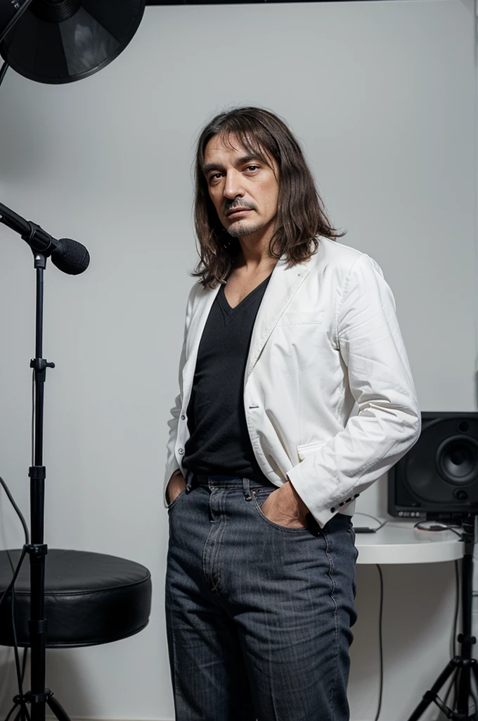Draw me René Descartes standing in a studio with a white background and a microphone in front of him as if he is recording a song.