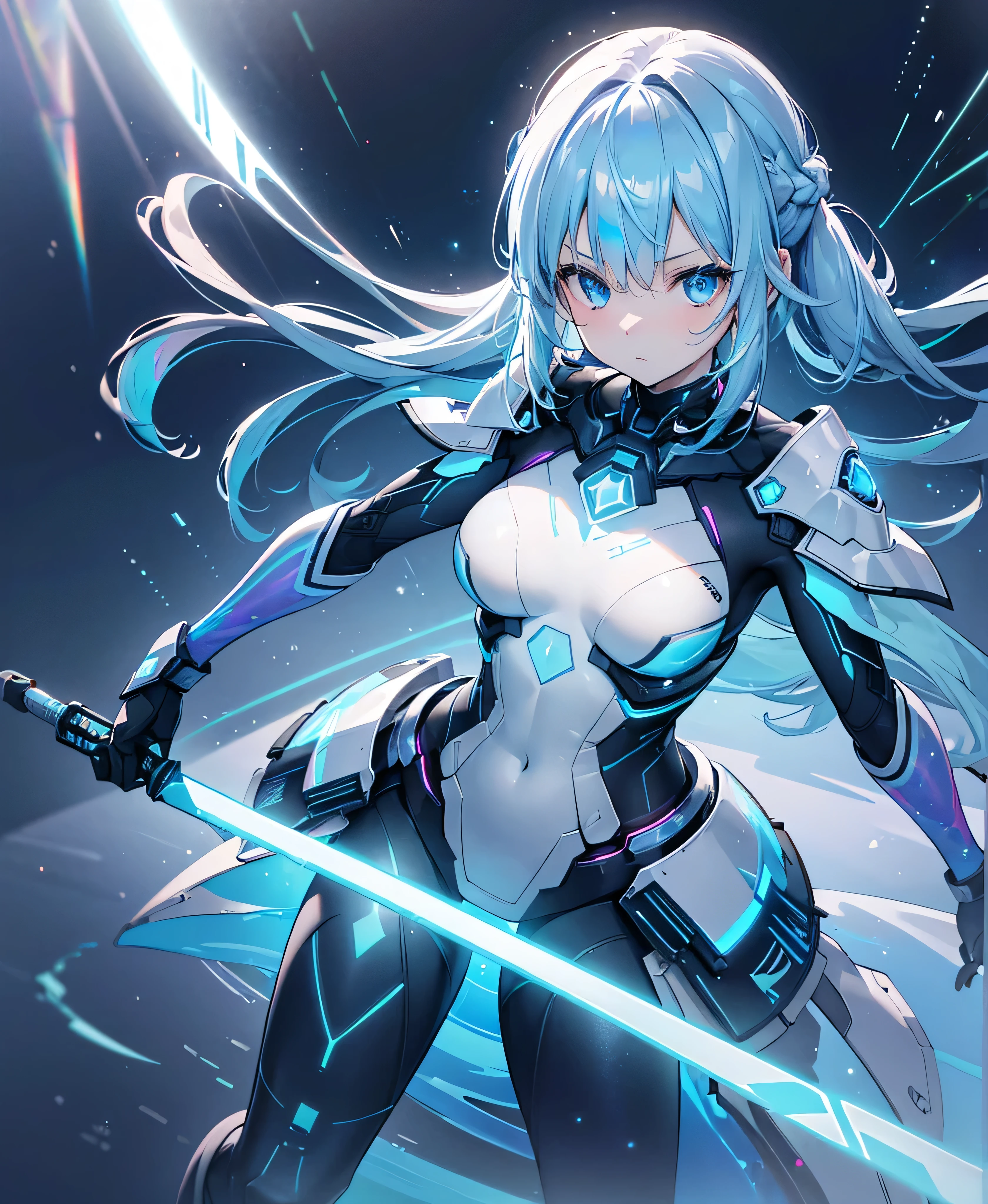 ((Holographic glow effect)),8k, Highest quality, (real:1.4), Original photo, 1 girl, Asari Hair, Biological Amplifier, refined armor, posture: Peace talks between warring factions, smart blue eyes,whole body,Vortex of Light,Band of Light,Wind of Light