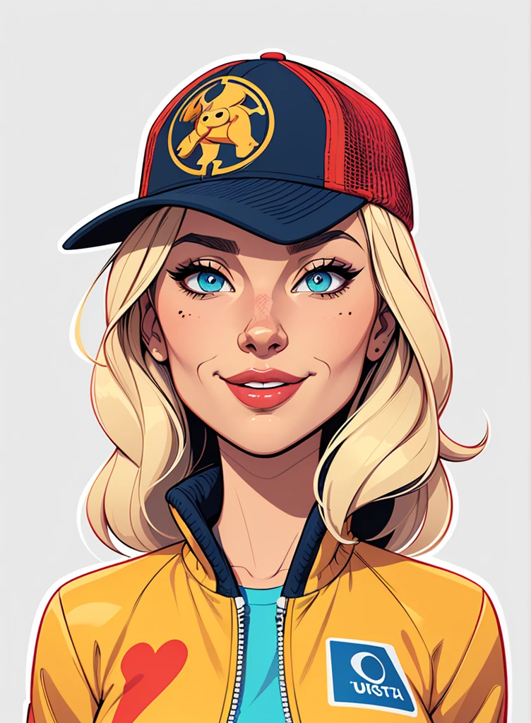 (cartoon style:1.2), ((die cut sticker)), Cartoon image of a woman with blonde hair, hip hop cap and street clothing, sport jacket , Super cute funky girl, Cartoon style illustration, Cartoon Art Style, Cartoon Art Style, Digital illustration style, Highly detailed character design, cute detailed digital art, City Girl Fan Art, Portrait Character Design, beautiful digital illustration, high quality portrait, Comic art, Character Design Portrait, white background
