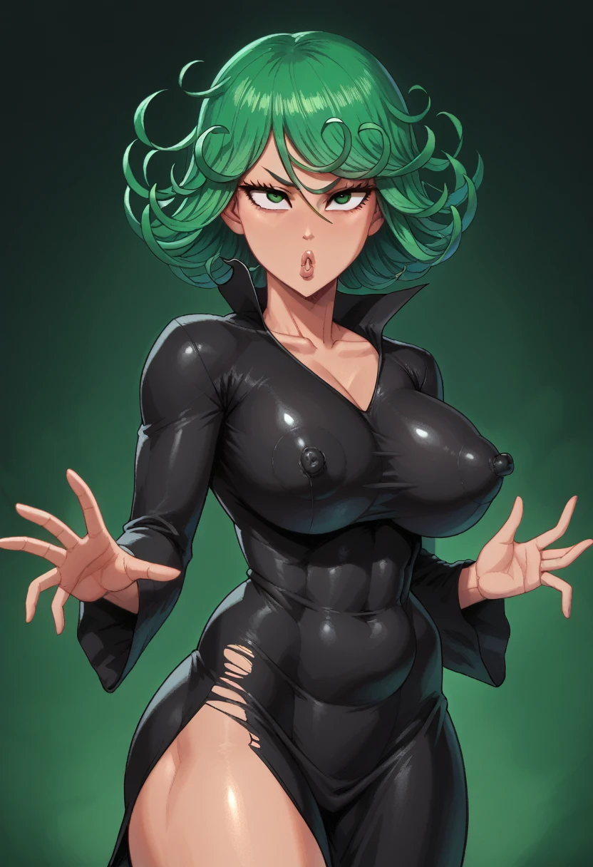 (Best Quality, 8k, 32k,1 Girl, Tatsumaki, Short Hair, Green Hair, Gigantic Breasts, Perfect Body, Ultra Detailed Face, Detailed Lips, Thin Eyes, Torn Dress, Standing, Seductive, Excited, Areolas, In the Heat, Milf.