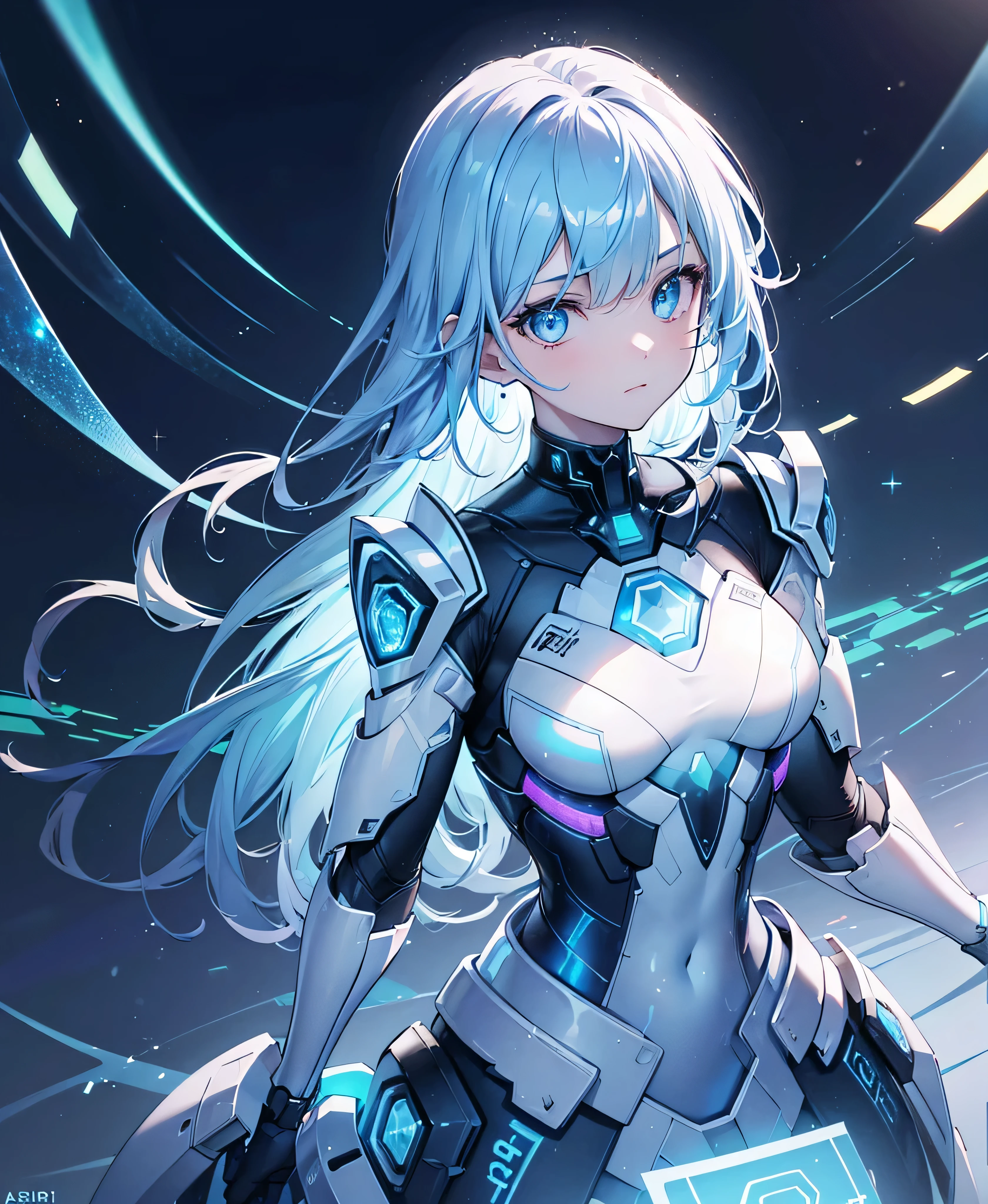 ((Holographic glow effect)),8k, Highest quality, (real:1.4), Original photo, 1 girl, Asari Hair, Biological Amplifier, refined armor, posture: Peace talks between warring factions, smart blue eyes,whole body