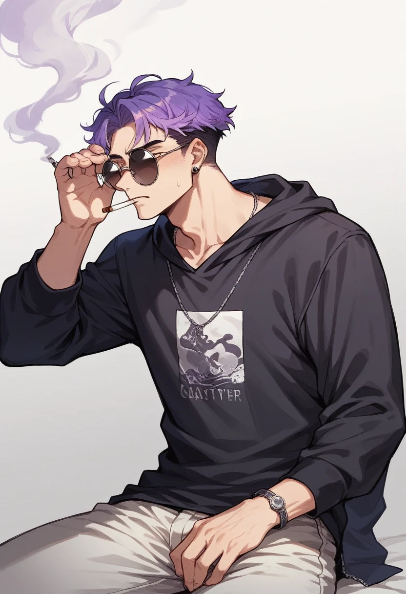 アニメ, best qualityer, white male, purple gradient hair,  black jersey, round sunglasses smoking 