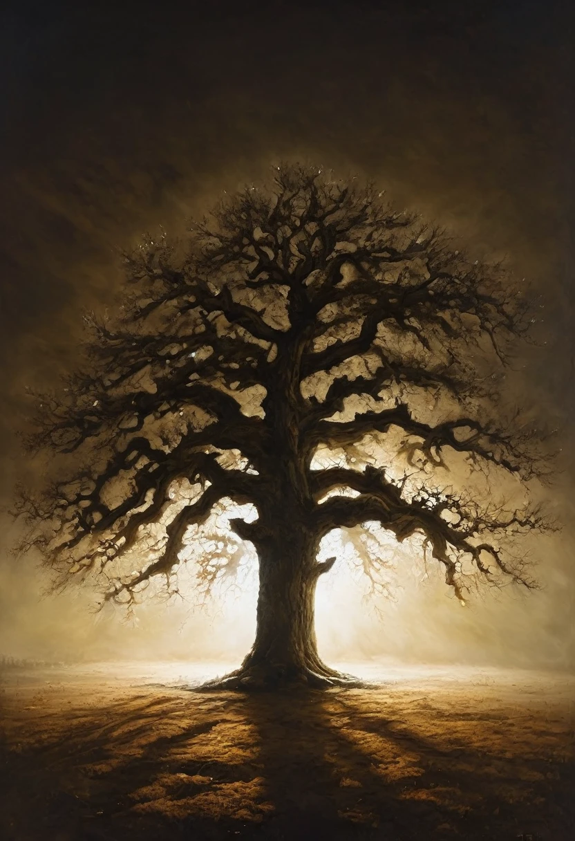 painting of a lonely old oak, cinematic scene, volumetric lights, ultra realistic, in the style of nicola samori