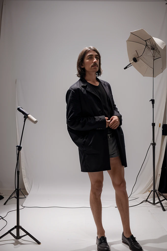 Draw me René Descartes standing in a studio with a white background and a microphone in front of him as if he is recording a song. I want him to show his head and legs completely.