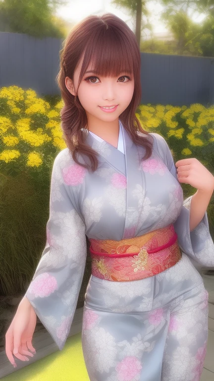 最high quality、high quality、Best image quality、8k、最High resolution、High resolution、最high quality、masterpiece、RAW Photos、whole body写真、Detailed and realistic human body、Detailed and realistic skin、Realistic face in every detail、Detailed and realistic eyes、Detailed and realistic lips、Detailed and realistic teeth、Detailed and realistic ears、Detailed and realistic hair、Realistic reproduction of every detail、((Beautiful Hands(thumb1、reference4))、Realistic feet down to the last detail、((Beautiful Japanese Girl))、(Japanese Model)、((18 year old beautiful girl))、(Silver Hair)、(Random Hairstyles)、((whole body))、((Slim and perfect figure))、(Beautiful and firm breasts)、(whole body光沢肌、Fair skin)、Soft natural light、kimono、Ninja costume、Japanese tradition、Japanese garden、((Colorful floral pattern(Ninja costume))、((Relax in the garden))、((Poses to make your thighs look beautiful))、((Anatomically correct limbs))、