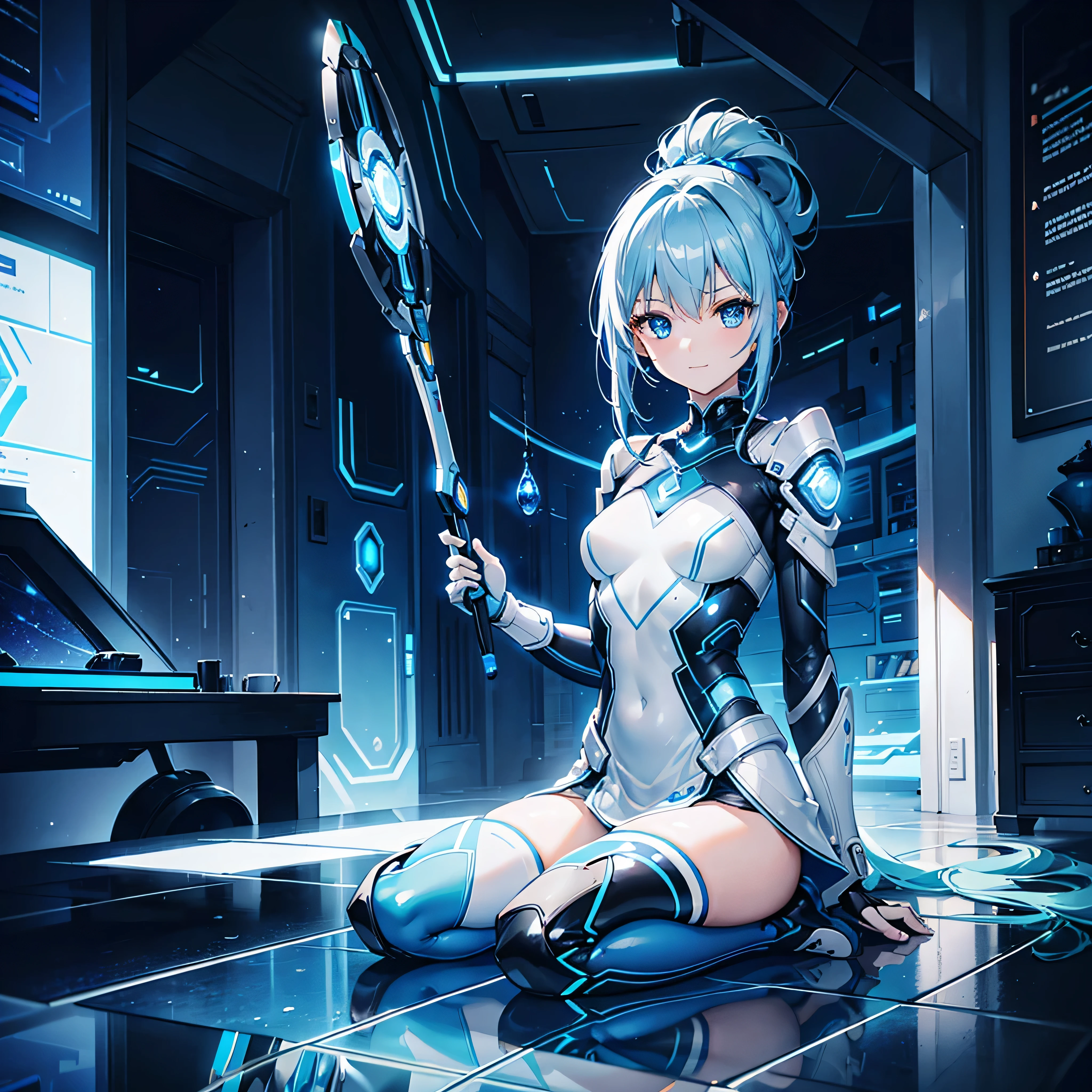 8k, Highest quality, (real:1.4), Original photo, 1 girl, Asari Hair, Biological Amplifier, Very sleek and futuristic armor, posture: Peace talks between warring factions,,attention arousal, smart blue eyes,A modest smile,Knee-high boots,Patent-look blue tights,Blue big moon and blue light swirl in the background,Blue light from behind,blue light magic,A small, glowing blue ball in the palm of your hand,Blue flame swirl,Blue Comet,Polished floor,