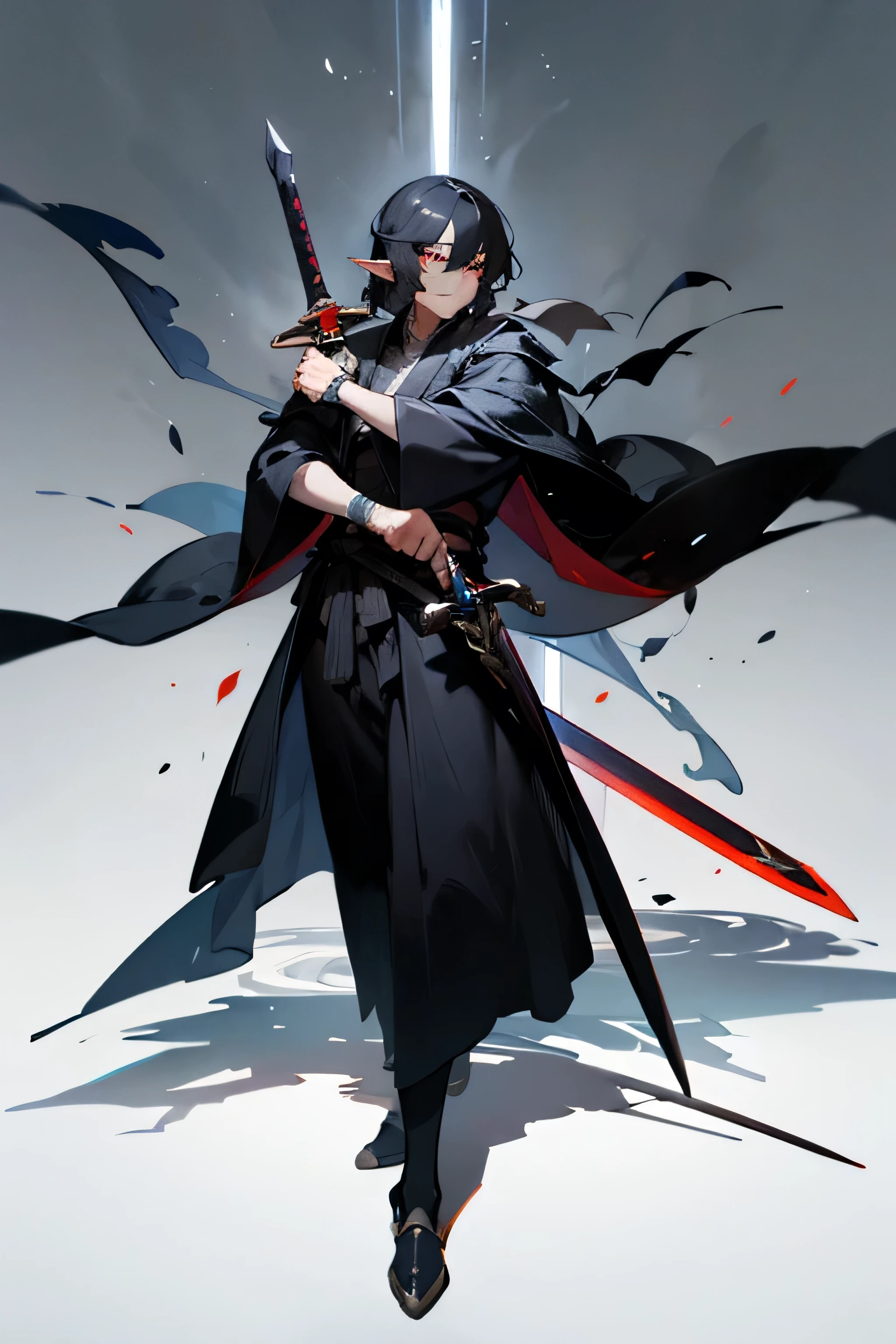 Black hair noble high men elf warlock equip long shadow sword and dark robe