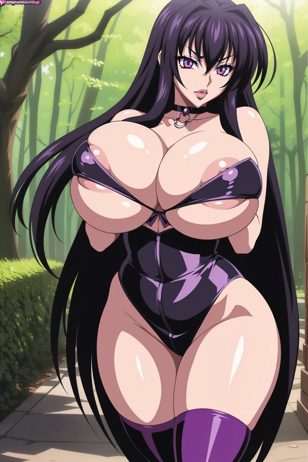 Highschool dxd, Raynare, 1girl, ((bimbo))), long black hair, purple eyes, puffy lips, painted lips, thick lips, wide hips, thick thighs, enormous fake breast, huge ass, evil looking face, shiny skin, undressing bra, bra pull, nipples, in the woods, purple shade night,