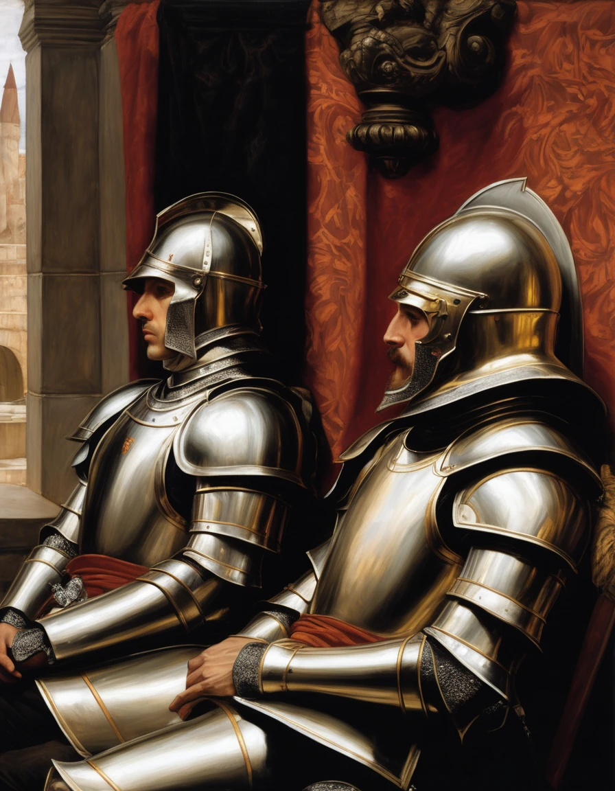 ((Masterpiece, best quality, oil painting, male focus)), ((by James Tissot, John William Waterhouse, J. C. Leyendecker)), (((the half body reclined portrait of 2 male knights, buzzcut, they are lovers staring each other, tense, bored and frustrated, blushing, sullen, holding hands)))