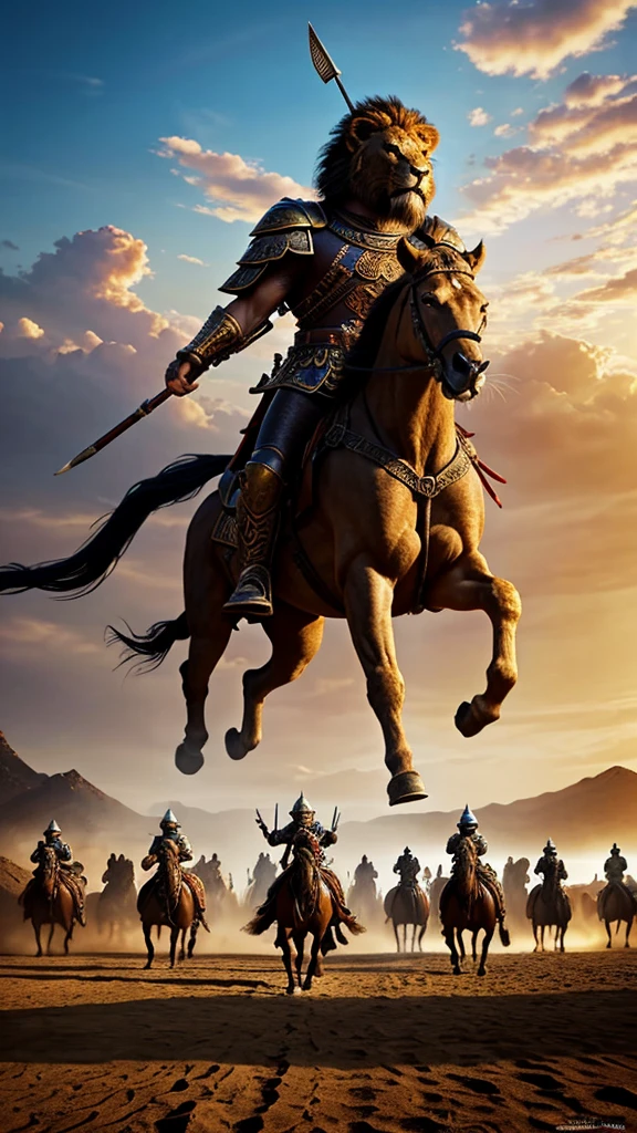 In a breathtaking and epic scene, a powerful lion warrior leads a formidable army of armored soldiers on horseback, emerging triumphantly from an ancient Chinese gate. The lion, muscular and regal, is clad in ornate warrior attire with a flowing cape, brandishing a spear and roaring with commanding confidence. The backdrop features stunning traditional Chinese architecture, with its intricate details and towering structures, while a throng of warriors on horseback follows in disciplined formation. The scene is alive with vibrant, striking colors and dynamic lighting that casts dramatic shadows, evoking a sense of urgency and high-stakes action. The artistic style seamlessly blends realism with a touch of fantasy, enhancing the grandeur and intensity of the moment.
