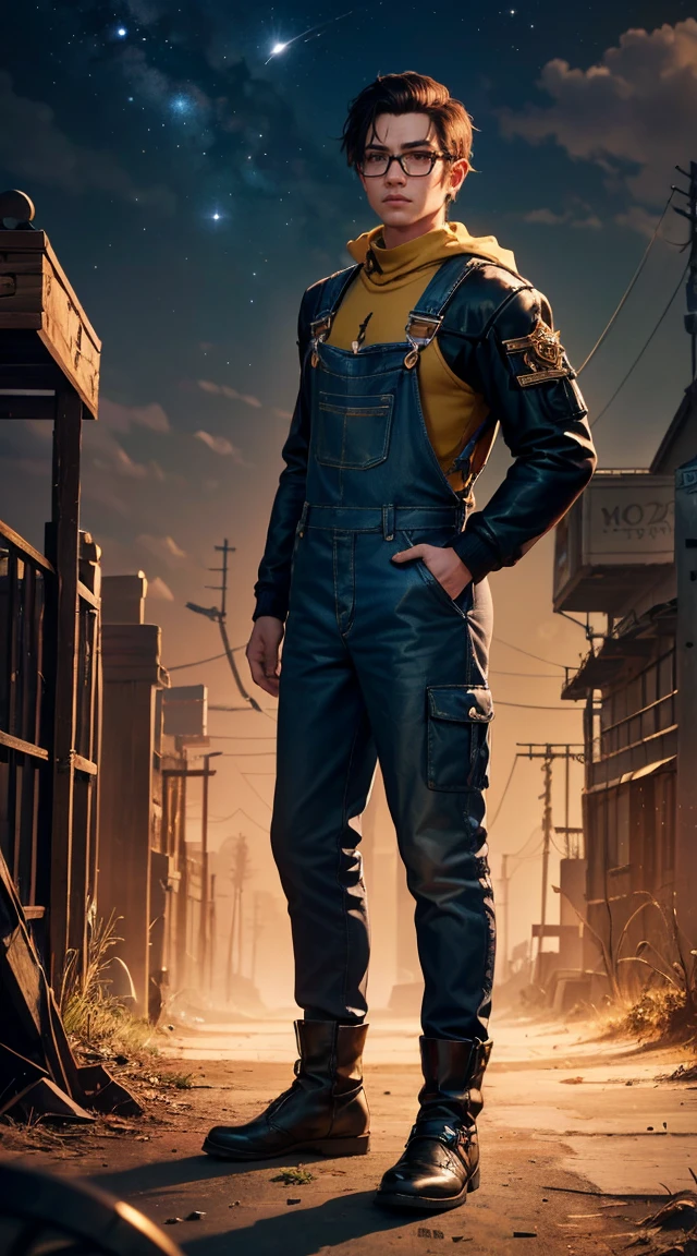 ((Best quality, Ultra quality image, Focus on the character)), ((one character)), Attractive goblin, в стиле world of warcraft, with a mature body, short body height, in Engineering overalls and jacket, steampunk with glasses, (with pupils in which you can see the universe)