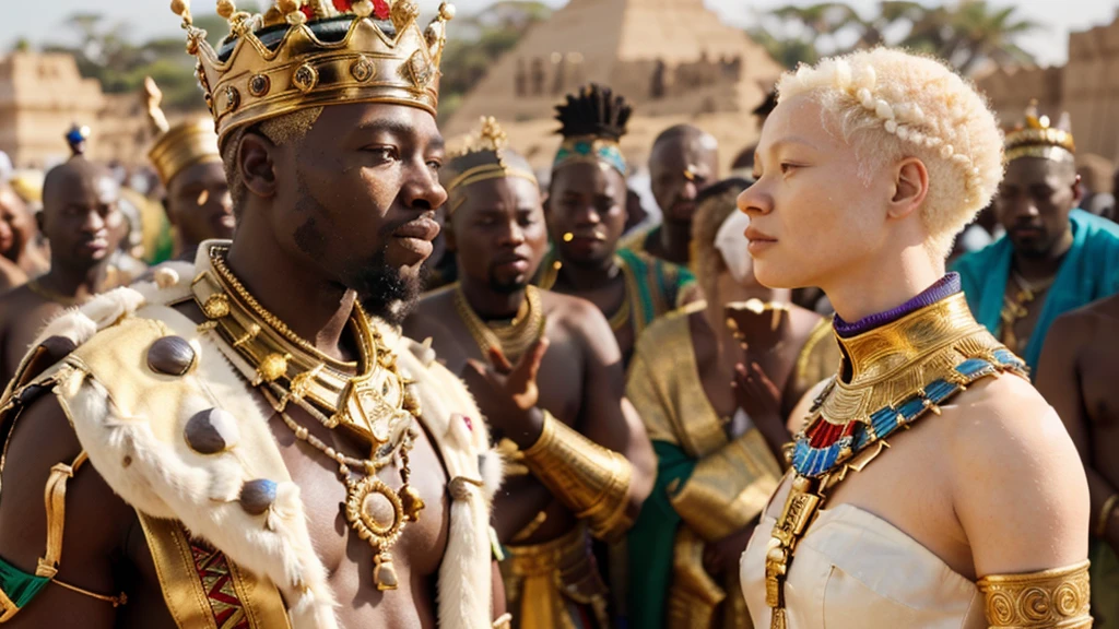 a closeup of an african king with a crown on his head, Albino white woman, Queen and ruler of the universe, celebrating the coronation of a king, ancient tribe, black king africano, Maya 8K, african albino princess, brown skin man egyptian prince, epic 3d oshun, wakanda