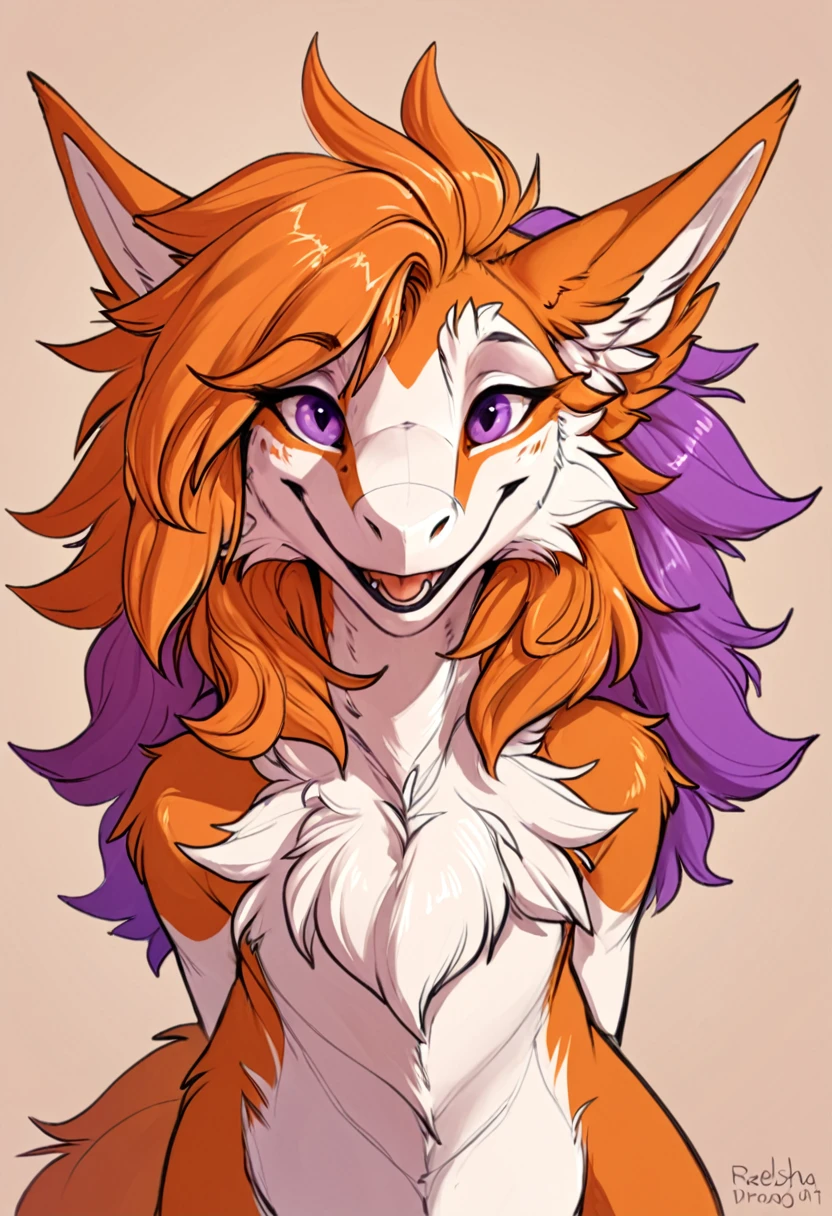 male, (((sergal:1.1))), open mouth, blushed, orange fur, fluffy, (cute:1.1), looking at viewer, fisheye, back, purple eyes, (lineart), (sketch:1.1),headshot, big hair, (orange lush hairstyle:1.2), painted by redishdragie, by inno-sjoa, by Milkytiger1145, by FRUSHA, Sonsasu, contour_light,