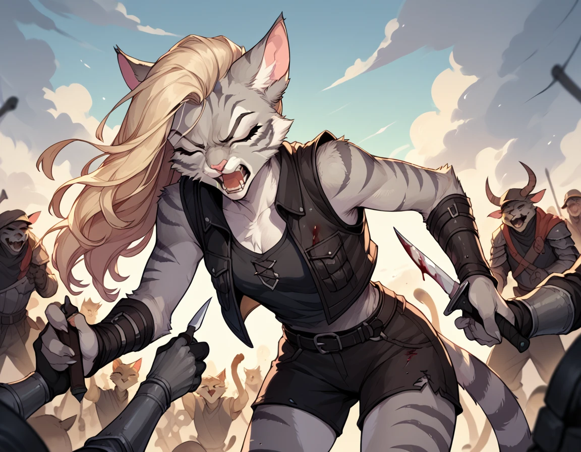 score_9,score_8_up,score_7_up, score_6_up, score_5_up, source_anime, flat colors, no shading, Kat, Anthro furry feline, silver fur, grey stripes on body, closed eyes, long blonde hair, undercut hair, one side of hair shaved, pink nose, :3, wearing black leather armor vest, black cuirass, black short shorts, holding two knife daggers, clutching her knives, face covered in blood, furrowed eyebrows, angry, screaming at the sky, surrounded by soldiers, outdoors, nighttime, several dead bodies on the ground