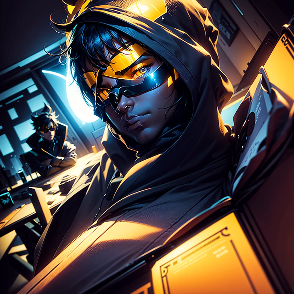 Prompt to create an avatar like this: ANIME FRIENDLY LOOKING MALE BUSINESS CHARACTER WHO IS WEARING A BLACK FACE MASK, A YELLOW HOODIE AND SUNGLASSES. HE IS SITTING BEHIND HIS LAPTOP IN HIS OFFICE, ARMS ON HIS DESK. IT IS NIGHT. THE ROOM HAS VOLUMETRIC
LIGHTING. HE IS FRONT FACING TO THE CAMERA, LOOKING STRAICHT AND CENTERED, CENTRAL PORTRAIT, SITTING STRAIGHT, FRONT VIEW, CENTERED LOOKING STRAIGHT. THE OVERALL AMBIANCE OF THE IMAGE SHOULD CONVEY A CONNECTION TO MINIMALISM, FLAT ILLUSTRATION, BOLD LINE, MINIMALISM, SIMPLIFIED, GOUACHE ILLUSTRATION. 8K RESOLUTION