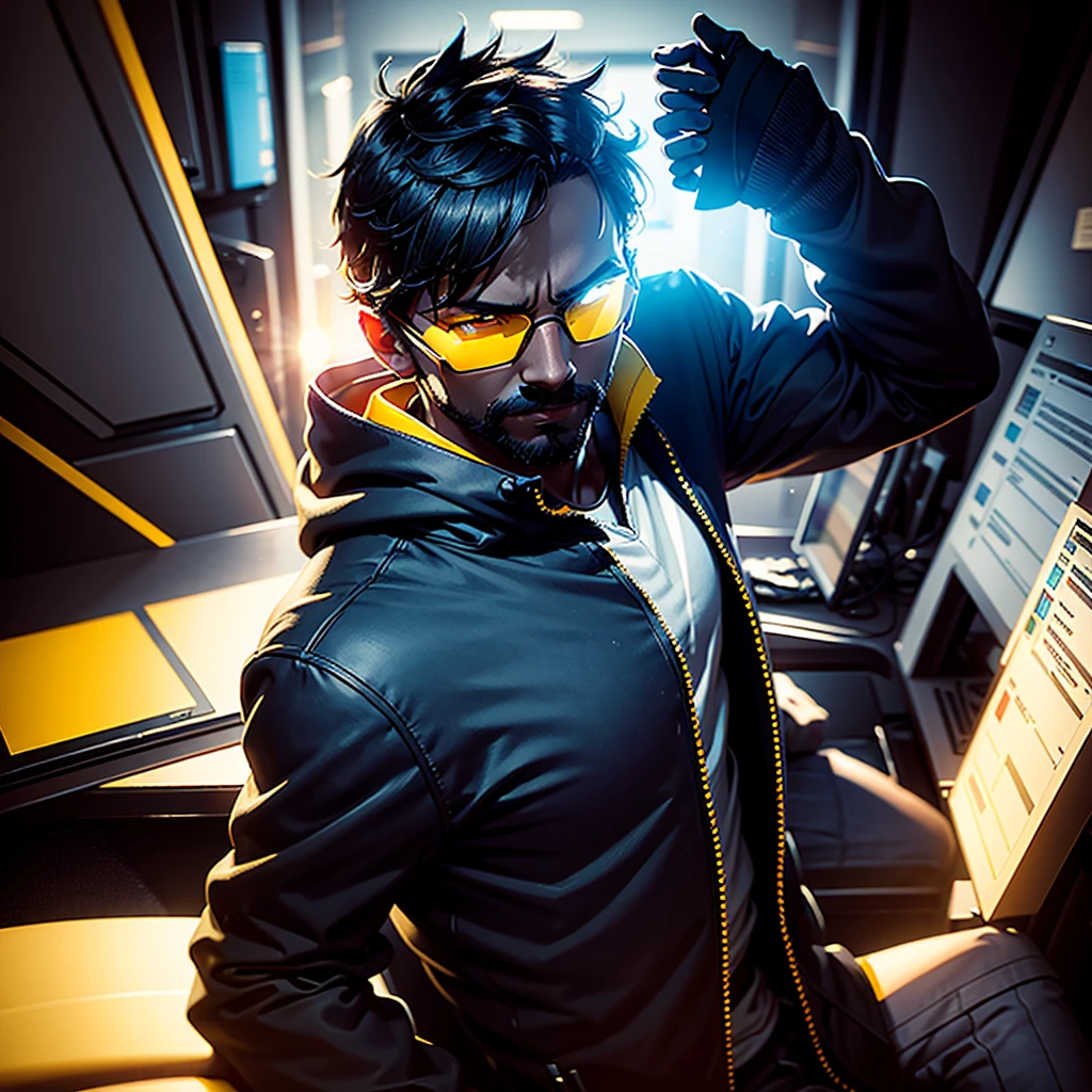 Prompt to create an avatar like this: ANIME FRIENDLY LOOKING MALE BUSINESS CHARACTER WHO IS WEARING A BLACK FACE MASK, A YELLOW HOODIE AND SUNGLASSES. HE IS SITTING BEHIND HIS LAPTOP IN HIS OFFICE, ARMS ON HIS DESK. IT IS NIGHT. THE ROOM HAS VOLUMETRIC
LIGHTING. HE IS FRONT FACING TO THE CAMERA, LOOKING STRAICHT AND CENTERED, CENTRAL PORTRAIT, SITTING STRAIGHT, FRONT VIEW, CENTERED LOOKING STRAIGHT. THE OVERALL AMBIANCE OF THE IMAGE SHOULD CONVEY A CONNECTION TO MINIMALISM, FLAT ILLUSTRATION, BOLD LINE, MINIMALISM, SIMPLIFIED, GOUACHE ILLUSTRATION. 8K RESOLUTION