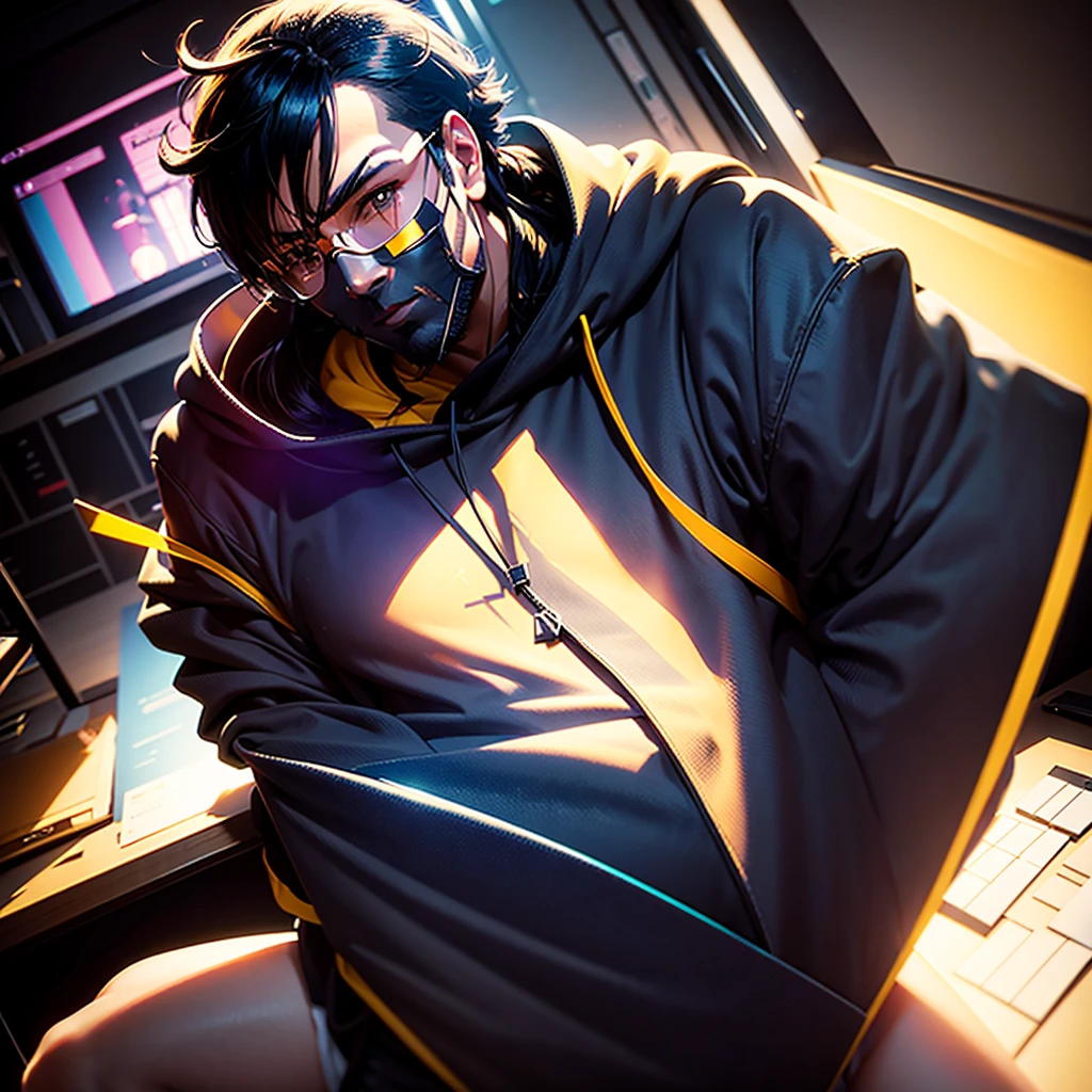 Prompt to create an avatar like this: ANIME FRIENDLY LOOKING MALE BUSINESS CHARACTER WHO IS WEARING A BLACK FACE MASK, A YELLOW HOODIE AND SUNGLASSES. HE IS SITTING BEHIND HIS LAPTOP IN HIS OFFICE, ARMS ON HIS DESK. IT IS NIGHT. THE ROOM HAS VOLUMETRIC
LIGHTING. HE IS FRONT FACING TO THE CAMERA, LOOKING STRAICHT AND CENTERED, CENTRAL PORTRAIT, SITTING STRAIGHT, FRONT VIEW, CENTERED LOOKING STRAIGHT. THE OVERALL AMBIANCE OF THE IMAGE SHOULD CONVEY A CONNECTION TO MINIMALISM, FLAT ILLUSTRATION, BOLD LINE, MINIMALISM, SIMPLIFIED, GOUACHE ILLUSTRATION. 8K RESOLUTION