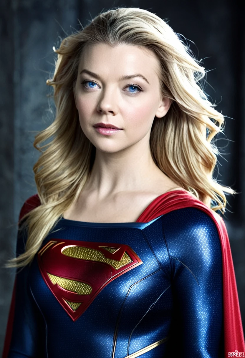 (((a beautiful woman Natalie Dormer under the mantle of the Kryptonian Kara Zor-El alias Supergirl blonde hair(((Traje Man Of Steel Movie)))front images splash color images)))(((Traje Man Of Steel Movie )))