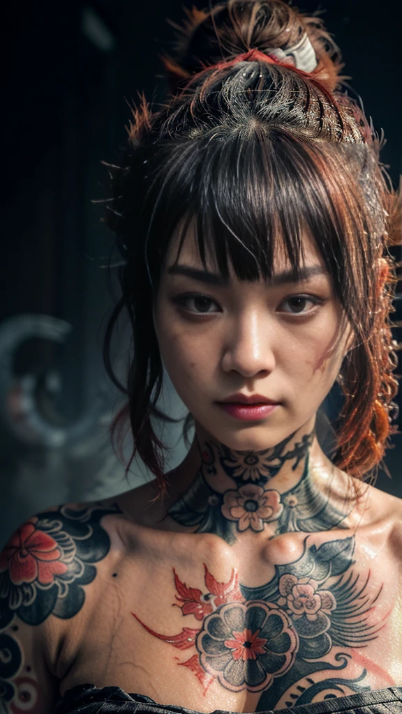 A portrait of a beautiful japanese woman with (irezumi tattoo:1.2), wearing mask, traditional buns hair with bangs, red hair, detailed grayish white eyes, she looks anger and badly wet, (her body was covered in scars from the torture), dynamic lighting, photon mapping, foggy atmosphere, ninja as background