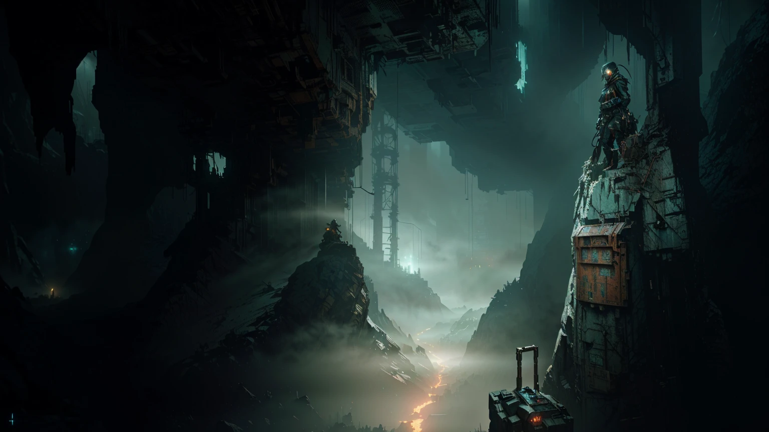 there is a woman standing in a cave with a knife and a backpack, matte painting of steam machines, detailed atmospheric and gritty, eerie nostalgic concept art, background artwork, dramatic concept art, soma game art style, inspired by Ismail Inceoglu, christopher shy, sergey kolesov concept art, digital concept art of dystopian, dead space artwork