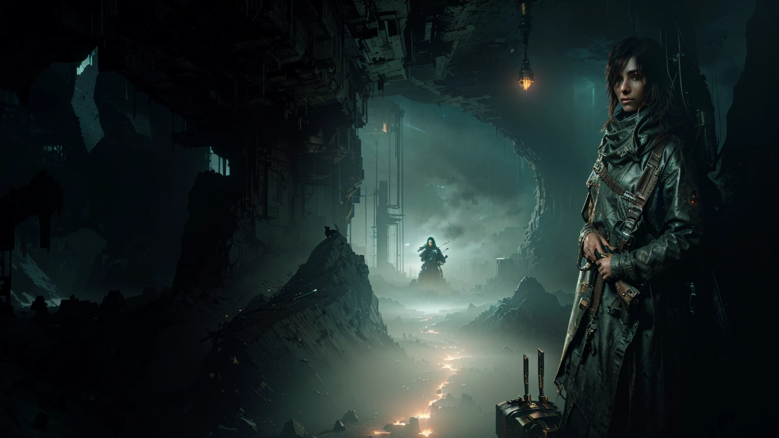 there is a woman standing in a cave with a knife and a backpack, matte painting of steam machines, detailed atmospheric and gritty, eerie nostalgic concept art, background artwork, dramatic concept art, soma game art style, inspired by Ismail Inceoglu, christopher shy, sergey kolesov concept art, digital concept art of dystopian, dead space artwork
