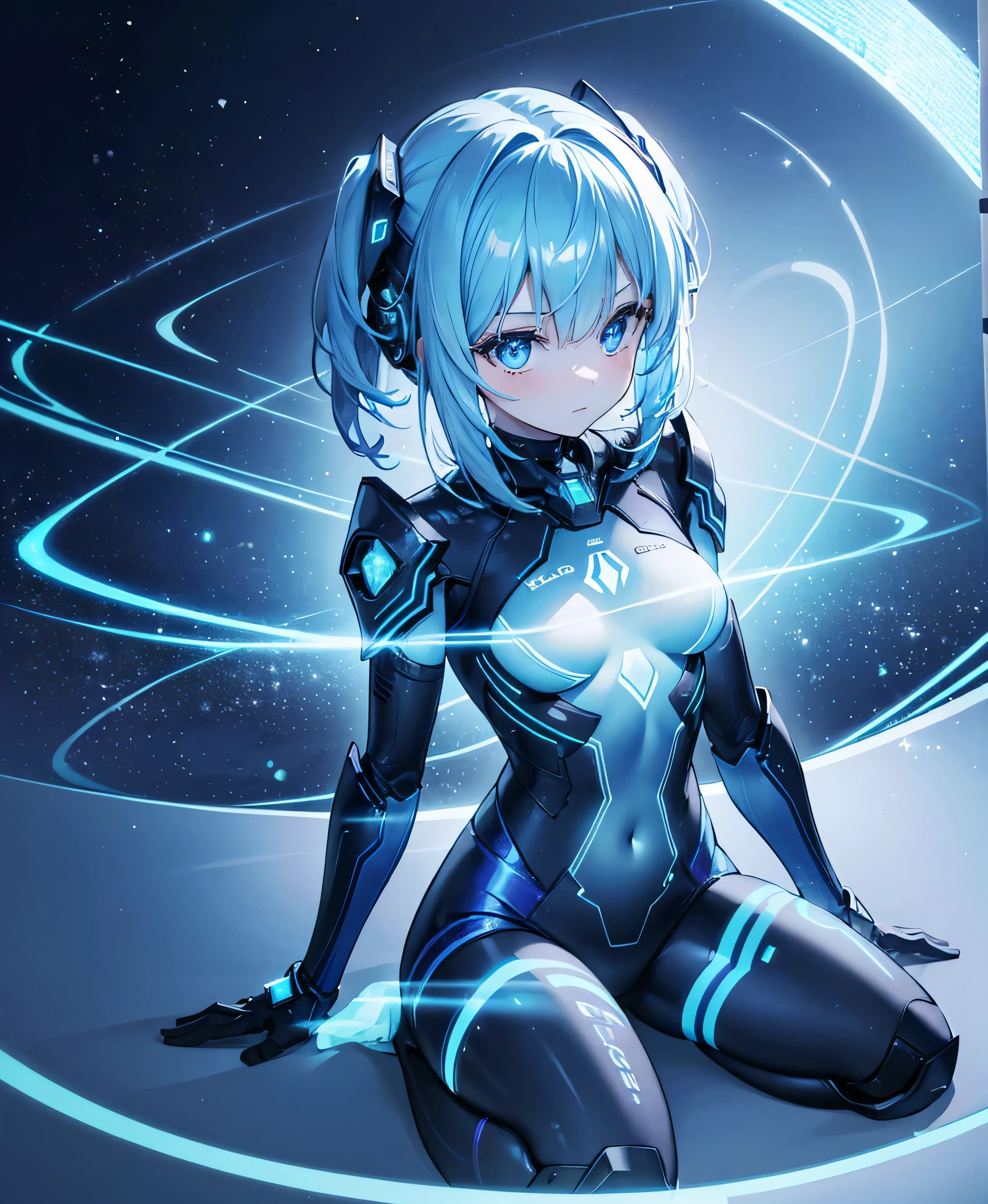 ((Holographic glow effect)),8k, Highest quality, (real:1.4), Original photo, 1 girl, Asari Hair, Biological Amplifier, refined armor, posture: Peace talks between warring factions, smart blue eyes,whole body