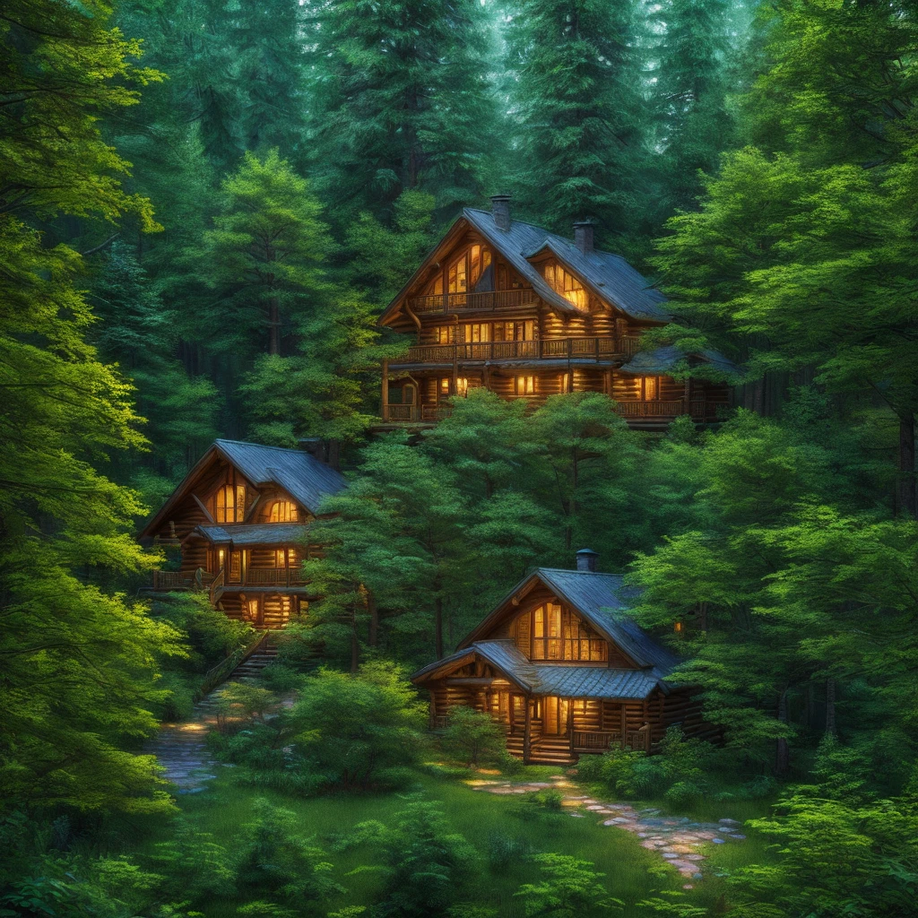 a cabin in a lush forest,spiral trees,impressionist style,rpg setting,isometric view,(best quality,4k,8k,highres,masterpiece:1.2),ultra-detailed,(realistic,photorealistic,photo-realistic:1.37),dynamic lighting,warm color palette,dramatic shadows,intricate details,enchanting atmosphere